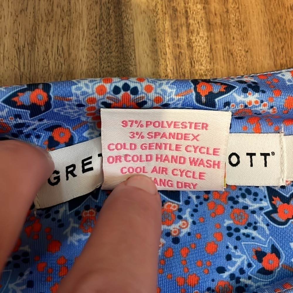 Gretchen Scott women’s XL 16 18 dress Blue 
Orange pattern stretch 3/4 sleeve - Picture 7 of 11